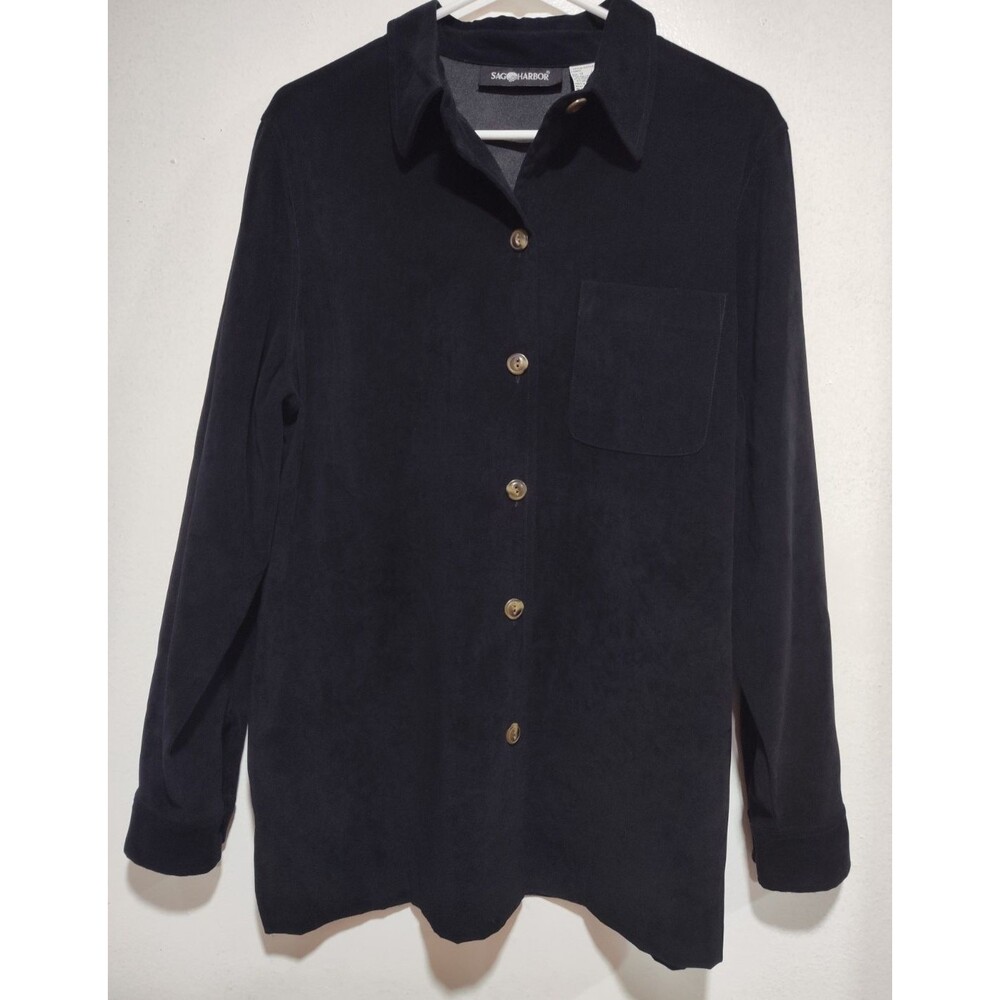 Sag Harbor Women Black Long Sleeve Button Down Blouse Faux Suede Size 14
